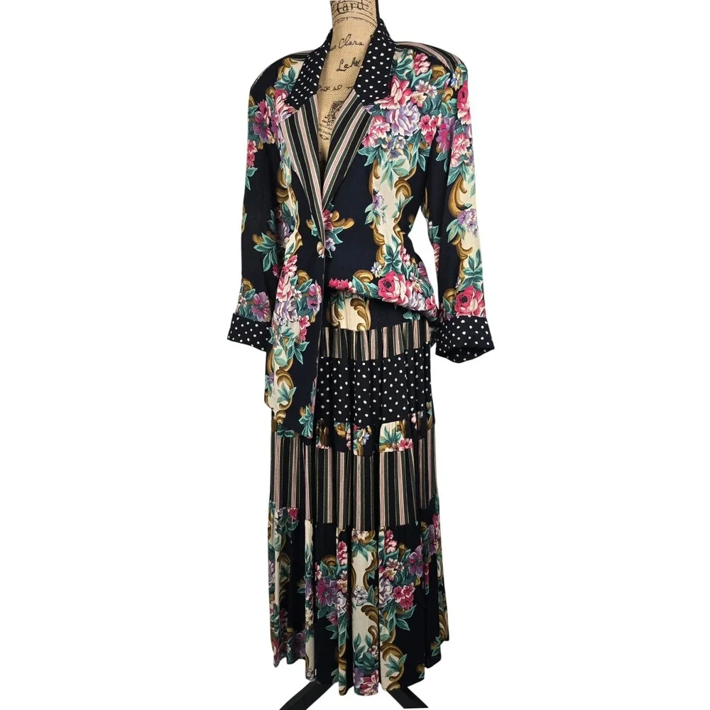 Gorgeous Vintage Carole Little Floral Mixed Print Set Blazer 10 Maxi Skirt 8 - Picture 1 of 16